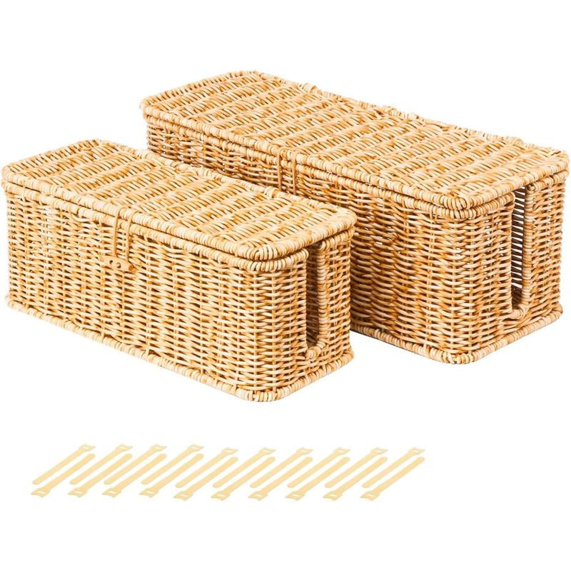 BROWNLILY Rattan Cable Management Box and Wicker Cord Organizer, Toilet Tank Top Shelf Rattan Decor Cable Hider for under Desk, TV & Home Office Storage, with Lockable Lid, Baby Proof, Pet Proof, Power Strip & Outlet Cover
