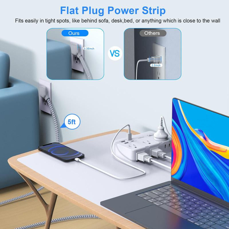 Flat Plug Surge Protector Power Strip, 5 Ft Braided Flat Extension Cord with 4 USB Charger, Compact Desk Charging Station Wall Mount for Office, School, Dorm