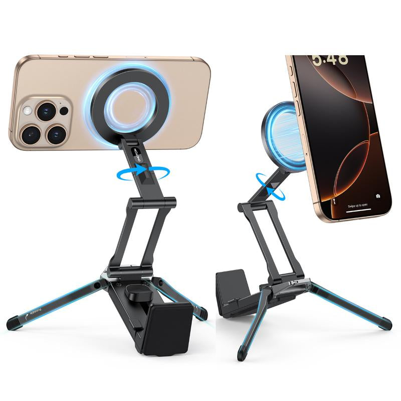OMOTON Magnetic Phone Tripod Stand - Foldable Travel Mount with 360 Rotating Shaft Adjustable Ring Grip Selfie Stick Clamping Mount & Hook for Desk Airplane Luggage Outdoor Use Smartphone Cellphone [Black Friday Deal]