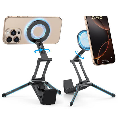 OMOTON Magnetic Phone Tripod Stand - Foldable Travel Mount with 360 Rotating Shaft Adjustable Ring Grip Selfie Stick Clamping Mount & Hook for Desk Airplane Luggage Outdoor Use Smartphone Cellphone [Black Friday Deal]