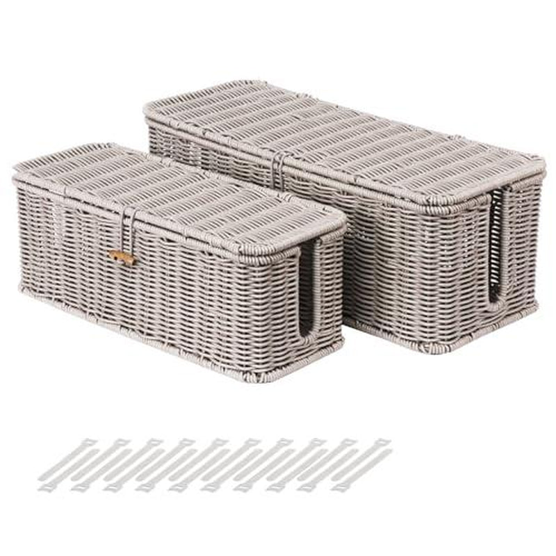 BROWNLILY Rattan Cable Management Box and Wicker Cord Organizer, Toilet Tank Top Shelf Rattan Decor Cable Hider for under Desk, TV & Home Office Storage, with Lockable Lid, Baby Proof, Pet Proof, Power Strip & Outlet Cover