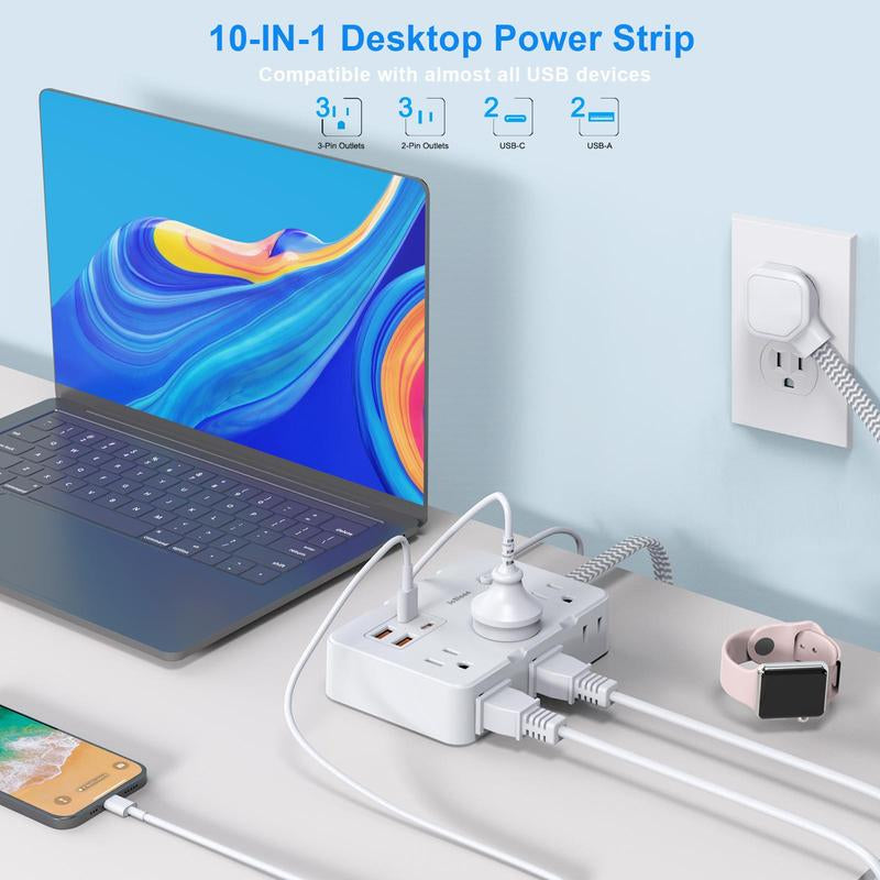 Flat Plug Surge Protector Power Strip, 5 Ft Braided Flat Extension Cord with 4 USB Charger, Compact Desk Charging Station Wall Mount for Office, School, Dorm