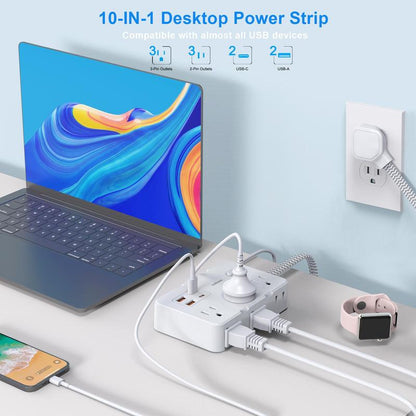 Flat Plug Surge Protector Power Strip, 5 Ft Braided Flat Extension Cord with 4 USB Charger, Compact Desk Charging Station Wall Mount for Office, School, Dorm
