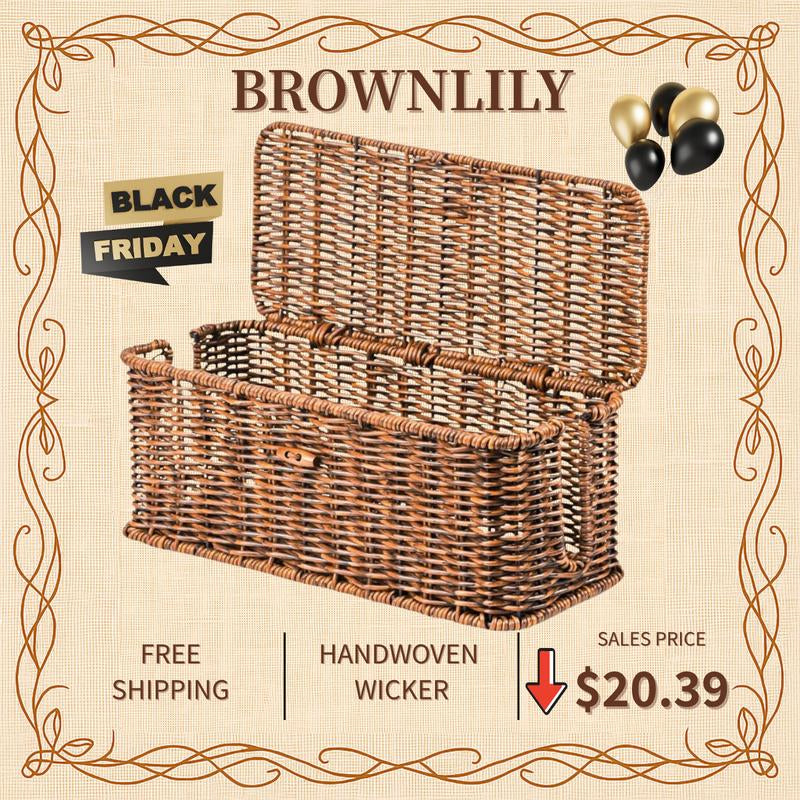 BROWNLILY Rattan Cable Management Box and Wicker Cord Organizer, Toilet Tank Top Shelf Rattan Decor Cable Hider for under Desk, TV & Home Office Storage, with Lockable Lid, Baby Proof, Pet Proof, Power Strip & Outlet Cover