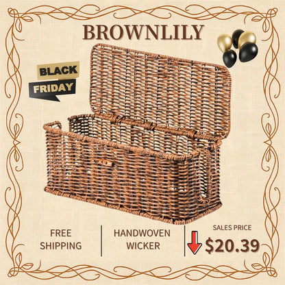 BROWNLILY Rattan Cable Management Box and Wicker Cord Organizer, Toilet Tank Top Shelf Rattan Decor Cable Hider for under Desk, TV & Home Office Storage, with Lockable Lid, Baby Proof, Pet Proof, Power Strip & Outlet Cover