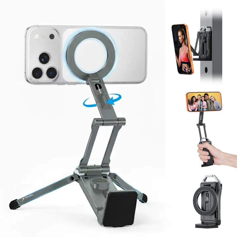 OMOTON Magnetic Phone Tripod Stand - Foldable Travel Mount with 360 Rotating Shaft Adjustable Ring Grip Selfie Stick Clamping Mount & Hook for Desk Airplane Luggage Outdoor Use Smartphone Cellphone [Black Friday Deal]