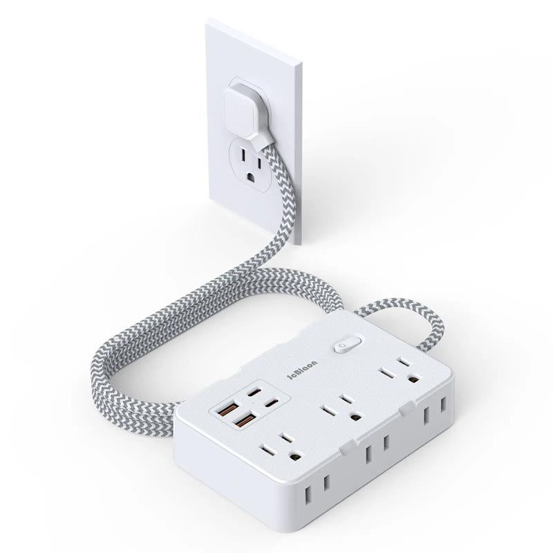 Flat Plug Surge Protector Power Strip, 5 Ft Braided Flat Extension Cord with 4 USB Charger, Compact Desk Charging Station Wall Mount for Office, School, Dorm