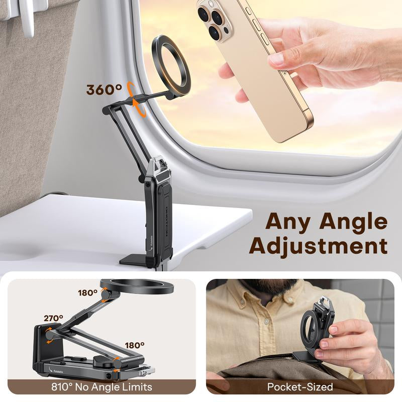 OMOTON Magnetic Phone Tripod Stand - Foldable Travel Mount with 360 Rotating Shaft Adjustable Ring Grip Selfie Stick Clamping Mount & Hook for Desk Airplane Luggage Outdoor Use Smartphone Cellphone [Black Friday Deal]