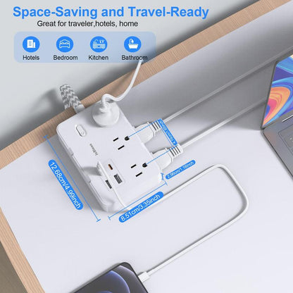 Flat Plug Surge Protector Power Strip, 5 Ft Braided Flat Extension Cord with 4 USB Charger, Compact Desk Charging Station Wall Mount for Office, School, Dorm
