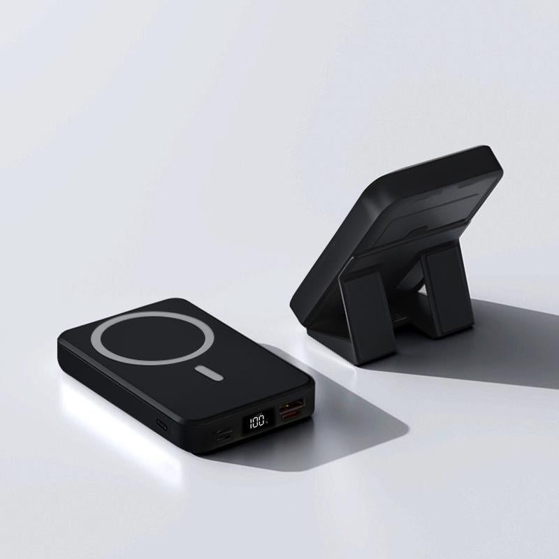 Magnetic Power Bank 10000Mah Wireless Portable Charger with USB-C Cable LED Display Foldable Battery Pack for Iphone 16/15/14/13/12/Pro/Pro Max Series Charging Compact Silicone Black