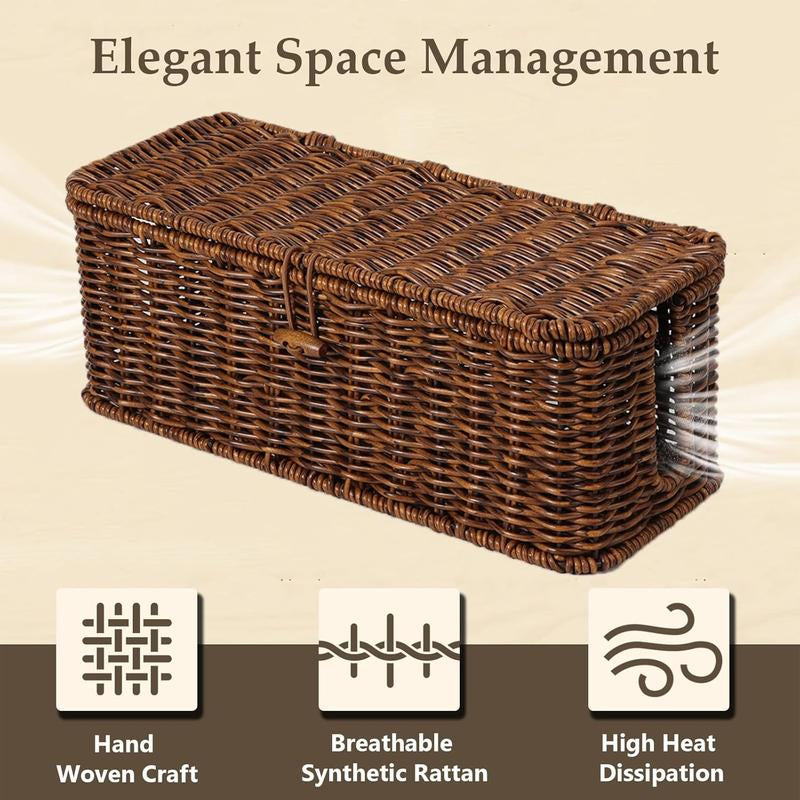 BROWNLILY Rattan Cable Management Box and Wicker Cord Organizer, Toilet Tank Top Shelf Rattan Decor Cable Hider for under Desk, TV & Home Office Storage, with Lockable Lid, Baby Proof, Pet Proof, Power Strip & Outlet Cover