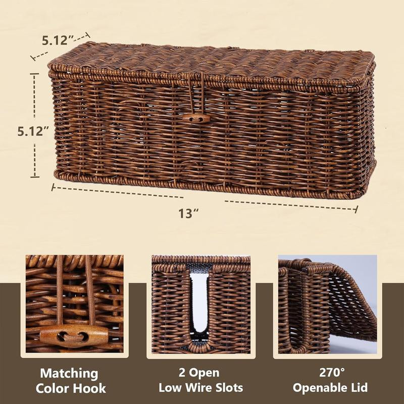 BROWNLILY Rattan Cable Management Box and Wicker Cord Organizer, Toilet Tank Top Shelf Rattan Decor Cable Hider for under Desk, TV & Home Office Storage, with Lockable Lid, Baby Proof, Pet Proof, Power Strip & Outlet Cover