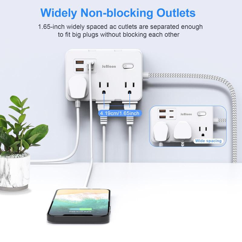 Flat Plug Surge Protector Power Strip, 5 Ft Braided Flat Extension Cord with 4 USB Charger, Compact Desk Charging Station Wall Mount for Office, School, Dorm