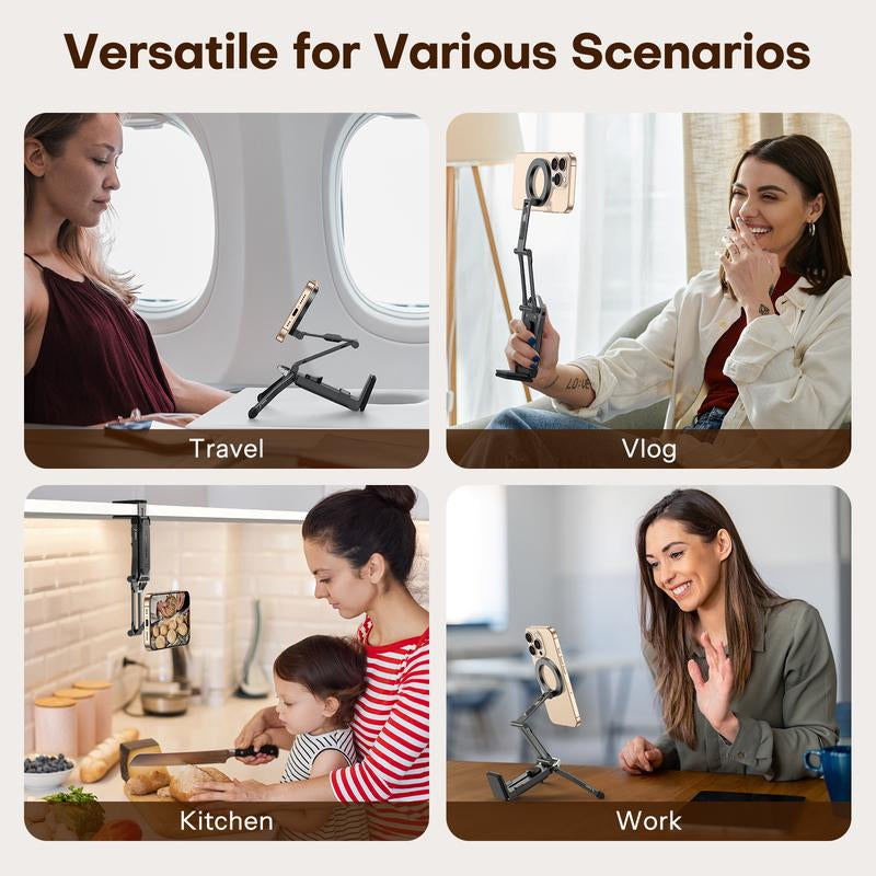 OMOTON Magnetic Phone Tripod Stand - Foldable Travel Mount with 360 Rotating Shaft Adjustable Ring Grip Selfie Stick Clamping Mount & Hook for Desk Airplane Luggage Outdoor Use Smartphone Cellphone [Black Friday Deal]