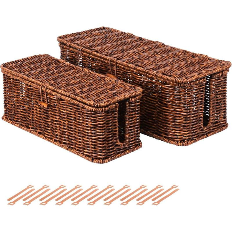 BROWNLILY Rattan Cable Management Box and Wicker Cord Organizer, Toilet Tank Top Shelf Rattan Decor Cable Hider for under Desk, TV & Home Office Storage, with Lockable Lid, Baby Proof, Pet Proof, Power Strip & Outlet Cover