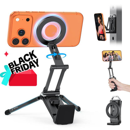 OMOTON Magnetic Phone Tripod Stand - Foldable Travel Mount with 360 Rotating Shaft Adjustable Ring Grip Selfie Stick Clamping Mount & Hook for Desk Airplane Luggage Outdoor Use Smartphone Cellphone [Black Friday Deal]