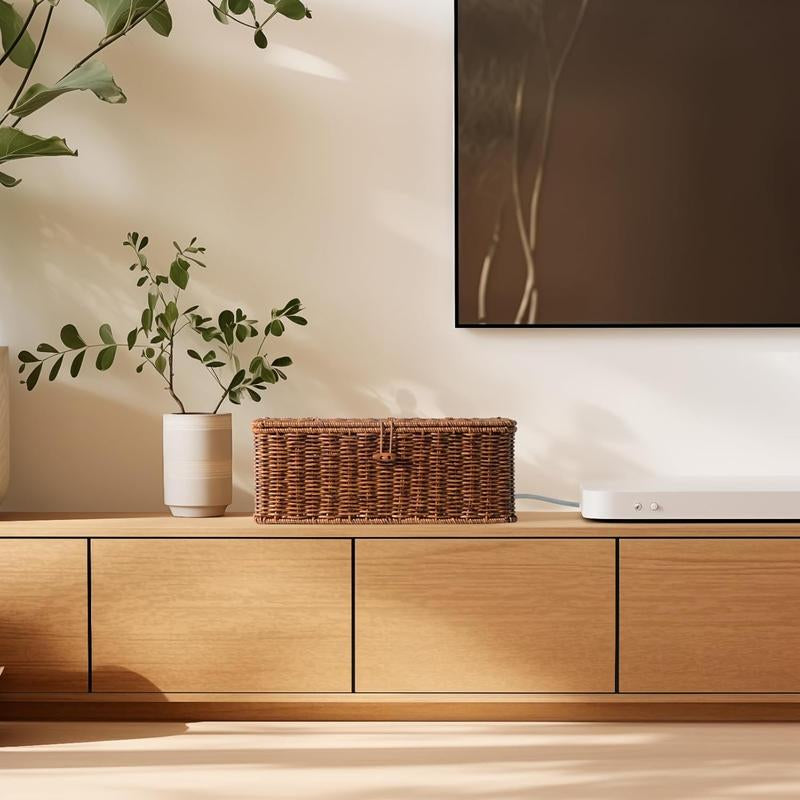 BROWNLILY Rattan Cable Management Box and Wicker Cord Organizer, Toilet Tank Top Shelf Rattan Decor Cable Hider for under Desk, TV & Home Office Storage, with Lockable Lid, Baby Proof, Pet Proof, Power Strip & Outlet Cover