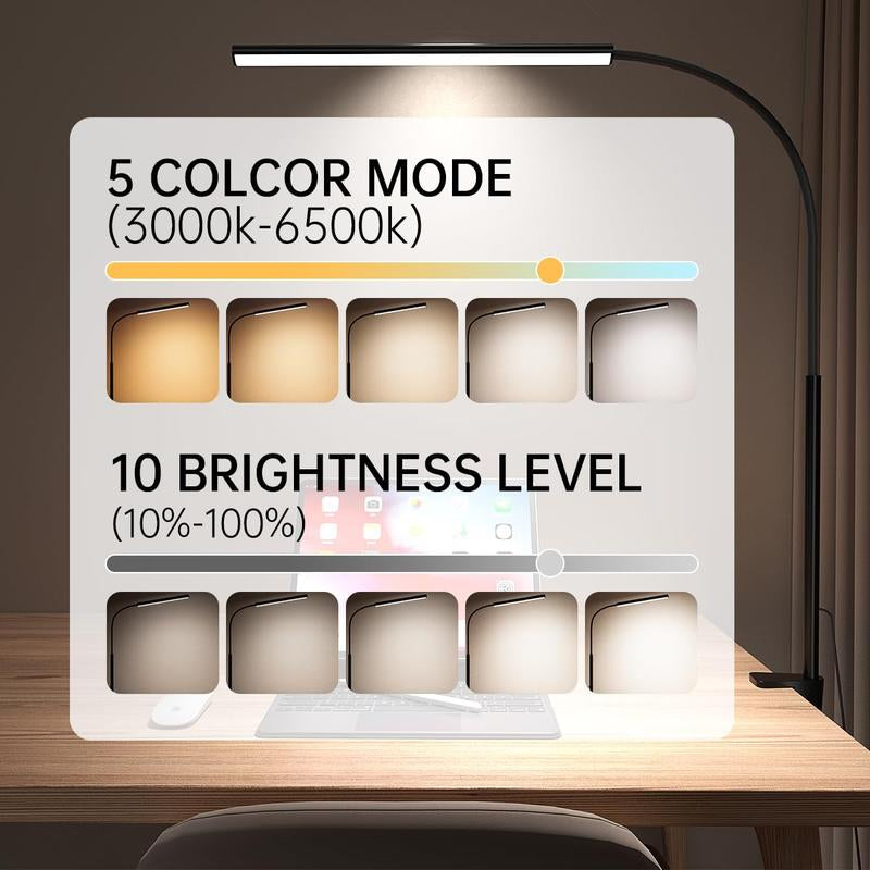[New Store Flash Sale Limited Time Event]Fuoddda LED Desk Lamp with Clamp, Eye-Protection Clip on Lights for Home Office, 5 Modes 10 Brightness Adjustment, 360°Flexible Gooseneck, USB Adapter, Black and White , Modern Mood Lighting