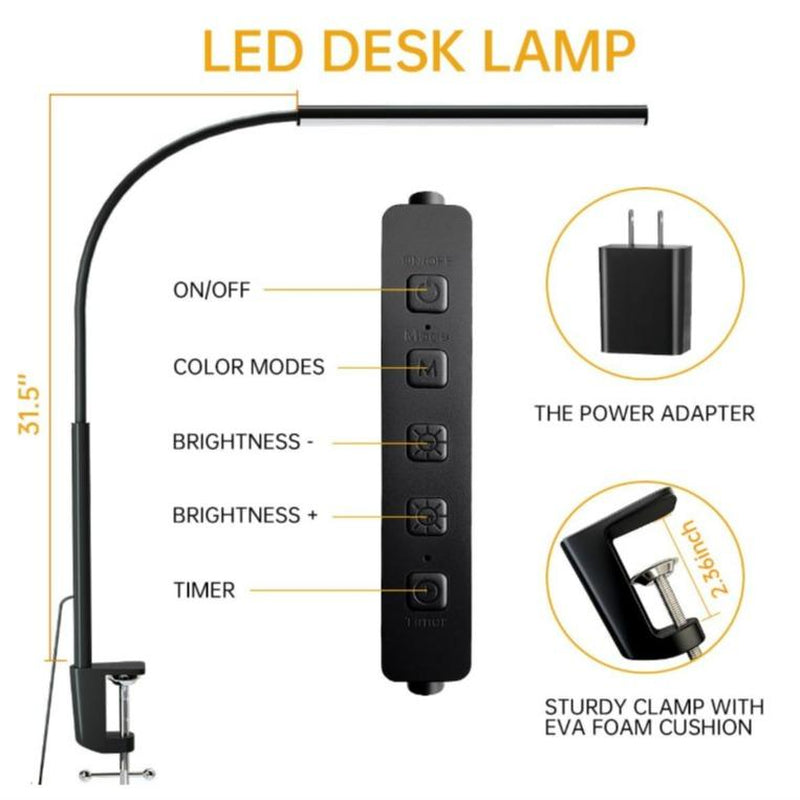 [New Store Flash Sale Limited Time Event]Fuoddda LED Desk Lamp with Clamp, Eye-Protection Clip on Lights for Home Office, 5 Modes 10 Brightness Adjustment, 360°Flexible Gooseneck, USB Adapter, Black and White , Modern Mood Lighting