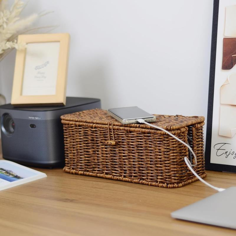 BROWNLILY Rattan Cable Management Box and Wicker Cord Organizer, Toilet Tank Top Shelf Rattan Decor Cable Hider for under Desk, TV & Home Office Storage, with Lockable Lid, Baby Proof, Pet Proof, Power Strip & Outlet Cover